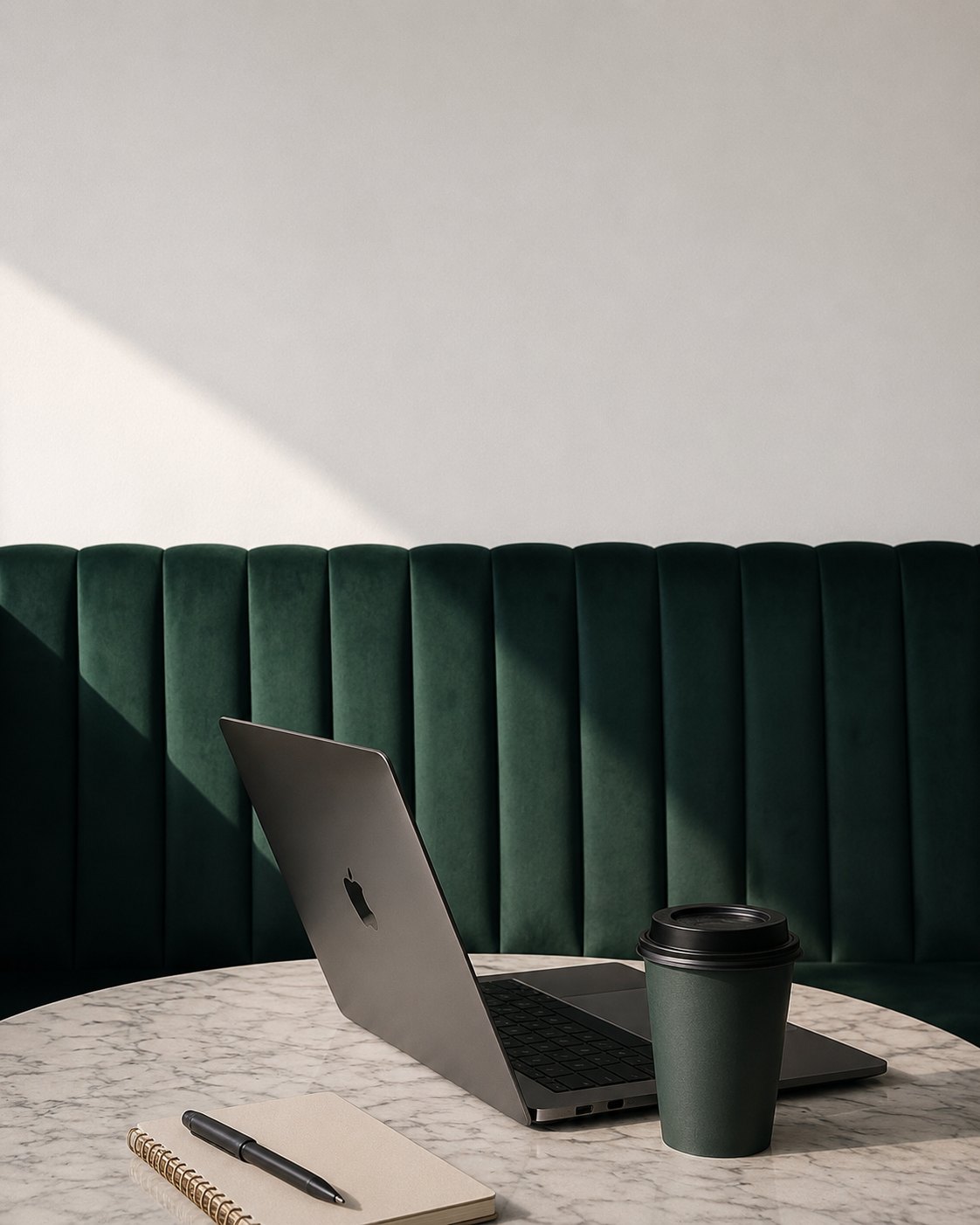 Laptop and coffee on a green velvet couch